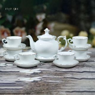 Bộ bình trà sứ trắng vẽ vàng  